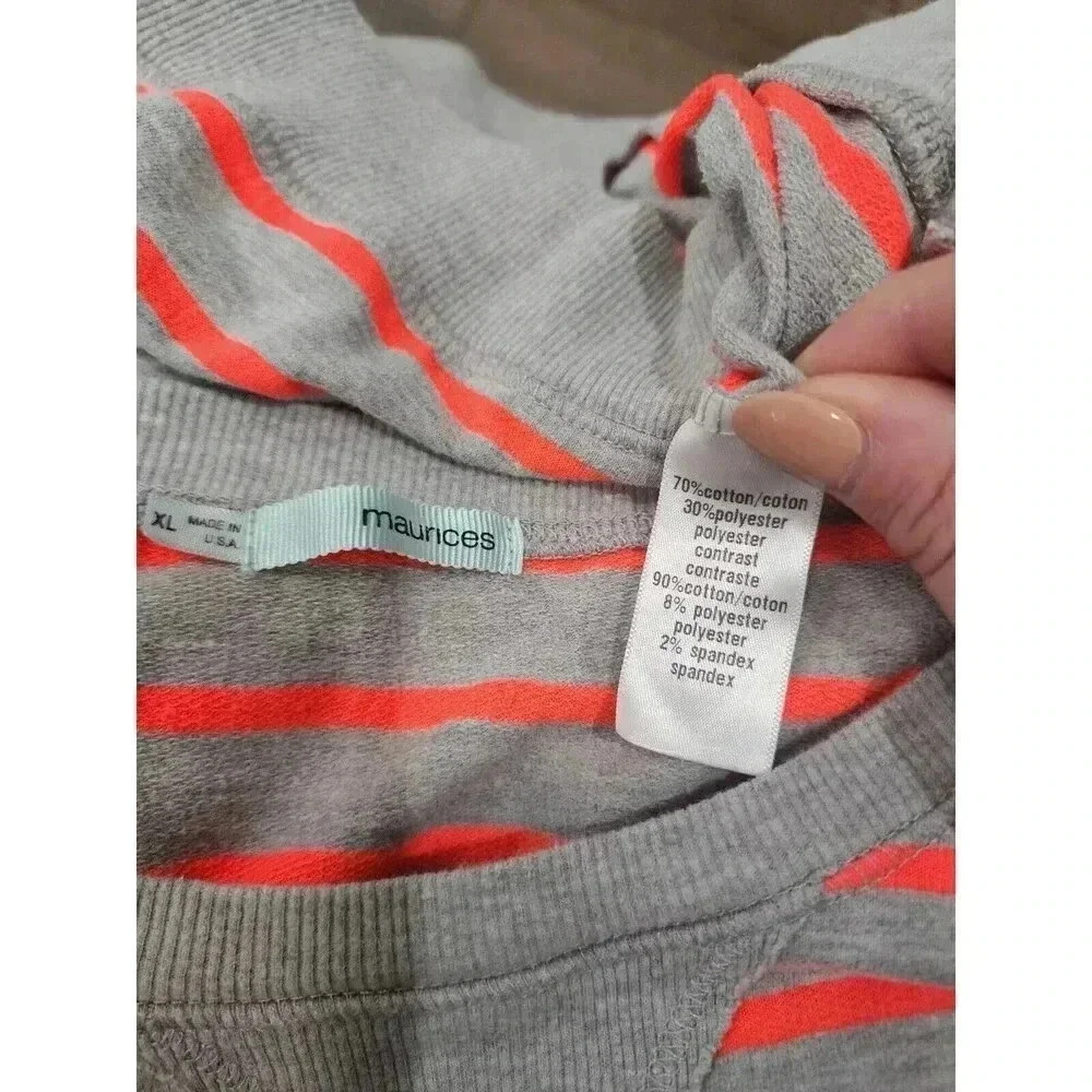 Maurices Women’s Size XL Gray Neon Orange Stripe Sweatshirt Crewneck - Picture 4 of 5